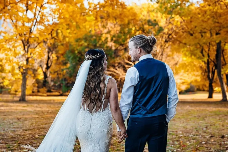 bride and groom from the back holding hands