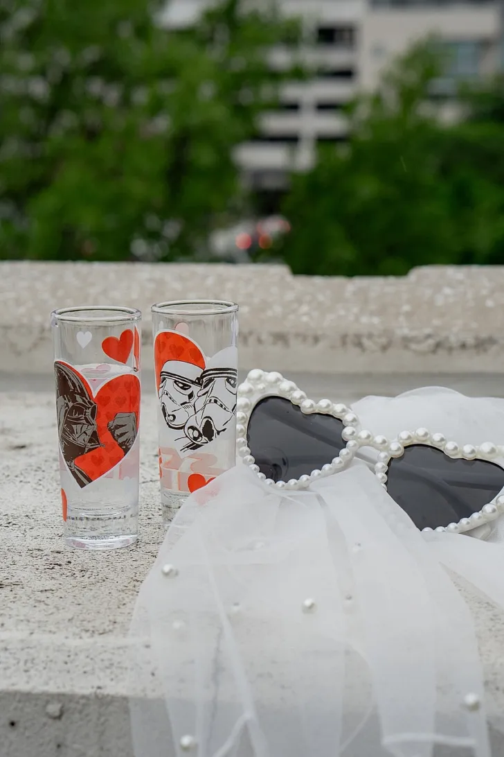 bride's glasses, veil, and Darth Vader and stormtrooper shot glasses