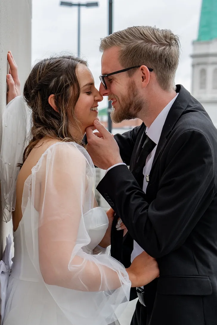 bride and groom embracing after wedding ceremony
