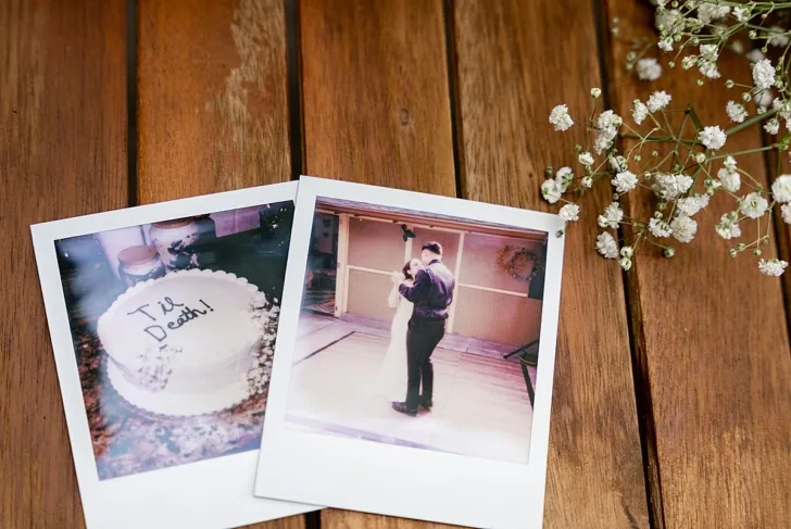 polaroid of wedding cake and bride and groom's first dance
