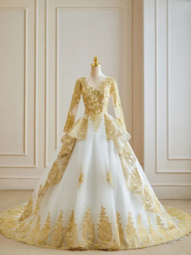 White and Gold Plus Size Wedding Dress from Etsy