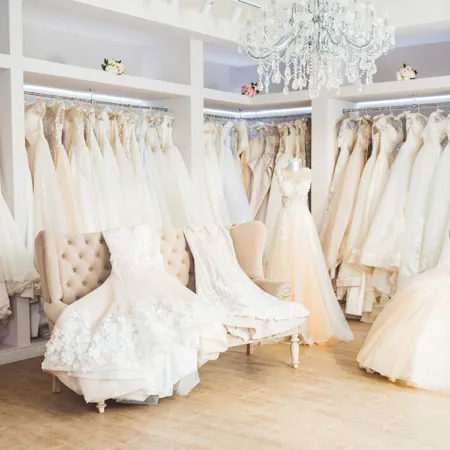wedding dresses in a bright bridal salon