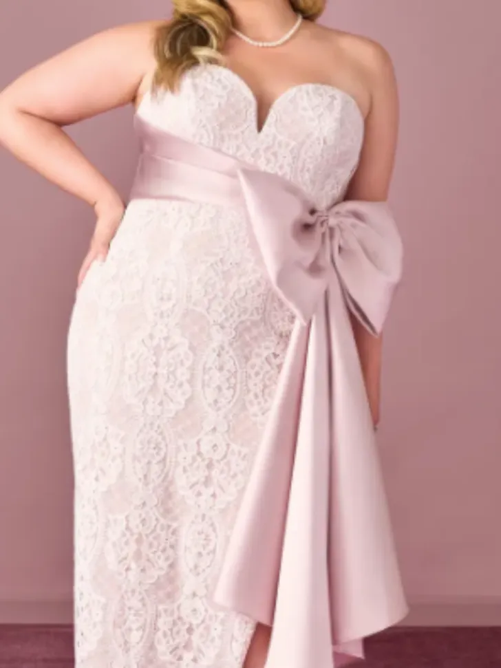 Sweetheart Lace Column Dress with Mikado Bow Diamond White/Ballerina Pink from AZAZIE